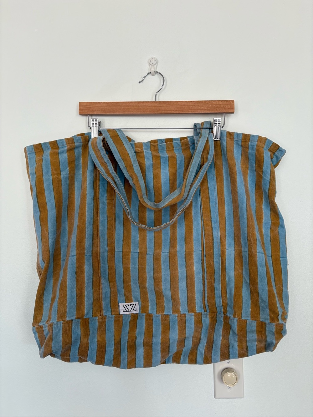 SZ Blockprints || Oversized Slouchy Tote Thick Stripe Floral Green Blue Pink - Picture 3 of 7
